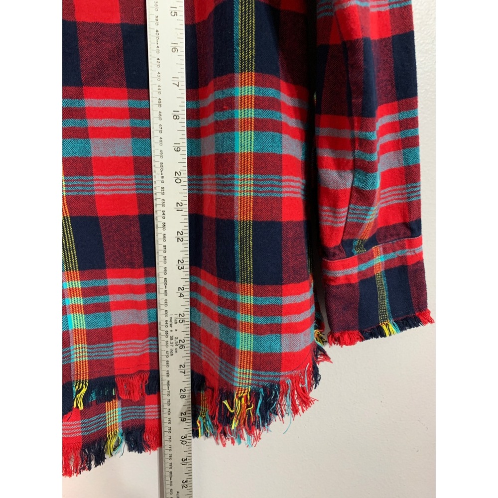 ONE24 RAGS Red Plaid‎ Fringed Flannel Shirt Oversized Distressed Women Large - Picture 7 of 10